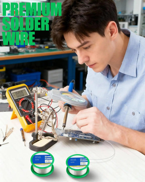 Lead Free Rosin Core Solder Wire 1mm Sn99 Ag0.3 Cu0.7 30g Pro Grade Fast Melting being used for electrical soldering by a technician.