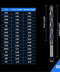 Cobalt drill bit set by Amazon, TiAlN coated for metal and steel, 21 pcs (1/16–1/2 in), shown with size chart