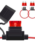 2 Pack 12V Inline Fuse Holders With 18 AWG Circuit Wire And 10A Blade Fuses Snap Right Into Any Car Or Truck Harness Solid Copper Terminals Click Tight Hookup Dead Simple Mount Garage Tested showing fuse holder and fuses.