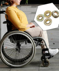 Composite image showing a woman in a wheelchair and a set of Wheelchair Front Fork Bearings Kit Four Piece Set For Walker Fork Stem Bearings