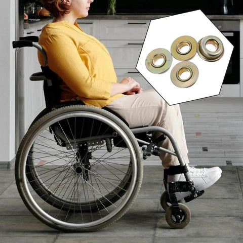Composite image showing a woman in a wheelchair and a set of Wheelchair Front Fork Bearings Kit Four Piece Set For Walker Fork Stem Bearings