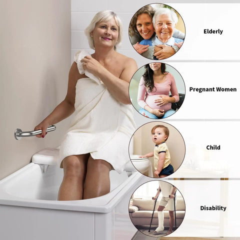 Elderly woman using 2 Pack 16 Inch Shower Grab Bars Matte Black Stainless Steel 1.25 Inch Diameter Rock Solid Heavy Duty Safety Hand Rail Support For Bath Elderly Seniors Handicap Injury Prevention And Balance in bathroom with images showing diverse users including pregnant women, children, and people with disabilities.