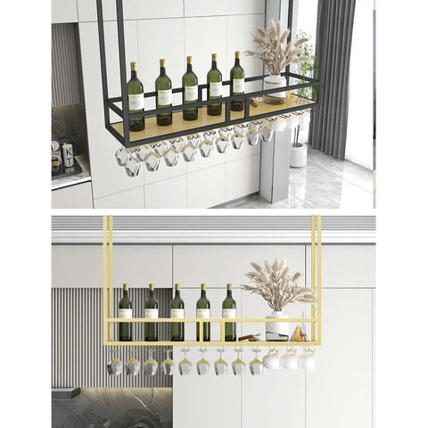 Dope Rustic Ceiling Mounted Wine Rack And Wall Shelf Organizer For Glasses Bottles And Plants Overhead Storage Rack in kitchen