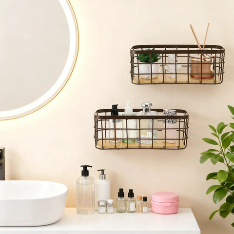 Set Of 2 Small Wire Baskets For Countertop Storage, Rustic Farmhouse Style Organizer Trays in bathroom with toiletries