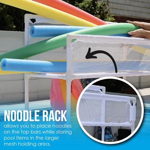 Weather Resistant Pool Storage Organizer Bin With Mesh Rolling Double Deck Rack Noodle Holder for Noodles, Toys, Balls, Floats, White