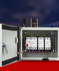 Stainless steel electrical enclosure box, front view, waterproof and explosion-proof, wall-mounted with three breakers.
