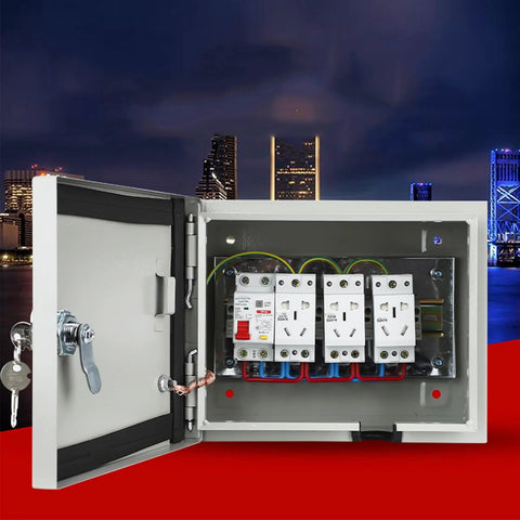 Steel waterproof wall-mounted electrical enclosure with door open, showing multiple circuit breakers and blue/red wiring.