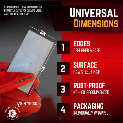20 Pack Welding Coupons Set For MIG TIG Arc Stick And Wirefeed Practice, 2 by 4 by one eighth inch mild steel coupons shown with specifications.