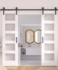 White Glass Double Barn Door 24 In x 84 In With 8 Ft Sliding Hardware Kit DIY Friendly Tempered Frosted Glass MDF Core With Eco Waterproof PVC Easy Install DIY Assembly Includes Sliding Door And Hardware For A Simple Home Upgrade installed in a modern interior