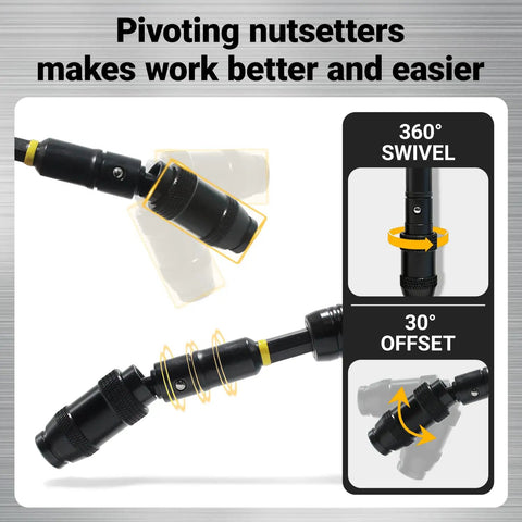 Pivoting nutsetter from 55 Piece Magnetic Impact Nut Driver Set With SAE And Metric Bits Socket Adapters showing 360° swivel and 30° offset.