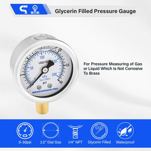 Low Pressure Glycerin Filled Pressure Gauge 0 To 30 Psi KPa 304 Stainless Steel Case One Quarter Inch NPT Lower Mount Lead Free