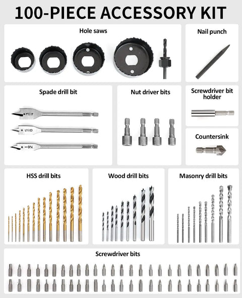 Do It All Drill Bit Set And Driver Bits Kit With Case 100 Pieces including HSS, wood, masonry bits, and nut drivers