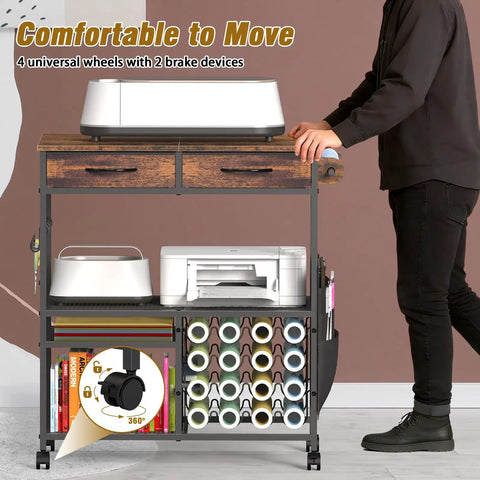 Mobile Craft Cart With 16 Vinyl Roll Holders And Built In Drawers Hooks And Shelves For Cricut Machines Heat Press And Tools All In One Rolling Workstation For Craft Room Home Or Studio Brown showing front view with wheels.