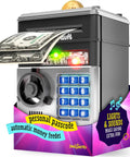 Electronic Piggy Bank For Kids With Passcode Lock And ATM Style Safe showcasing dollar bill feeder and keypad on black and silver body