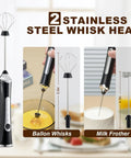 USB rechargeable handheld milk frother with dual heads, 3 speeds for latte, cappuccino, egg whisking; stainless steel, black.