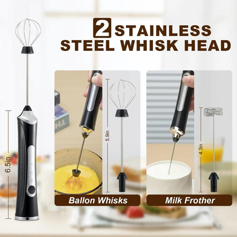 USB rechargeable handheld milk frother with dual heads, 3 speeds for latte, cappuccino, egg whisking; stainless steel, black.