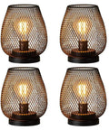 Set Of 4 Battery Operated LED Table Lanterns In Rustic Brown Metal Cage, Cordless Lamps With LED Bulbs, Vintage Outdoor Lanterns