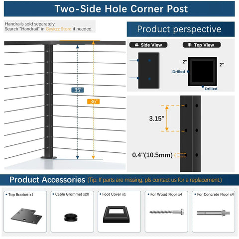 Slick Black 36 Inch Cable Railing Corner Post Featuring Ten Pre Drilled Deck Mounting Holes side and top view with measurements.
