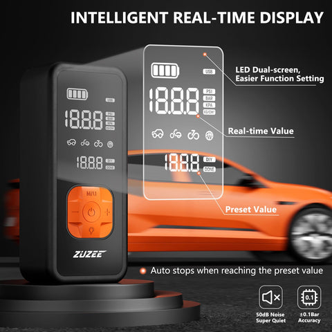 Portable Tire Inflator Air Pump With Digital Pressure Gauge And LED Light, 4X Faster Inflation To 150 PSI, close-up display