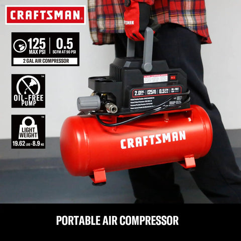 Craftsman 2 Gallon Portable Air Compressor Oil-Free With Accessory Kit Hot Dog Tank For Tire Inflation Nailing Home DIY Projects Compact And Powerful Tool Ready To Work Right Out The Box