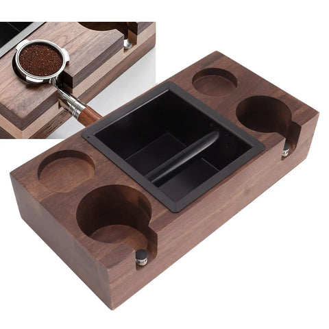 Premium Walnut Coffee Tamping Station With Adjustable Height Base And Stainless Steel Knock Box, featuring wooden construction and catch container.
