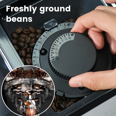 Freshly ground coffee beans in an automatic coffee maker, featuring adjustable grind settings for cafe quality brews.