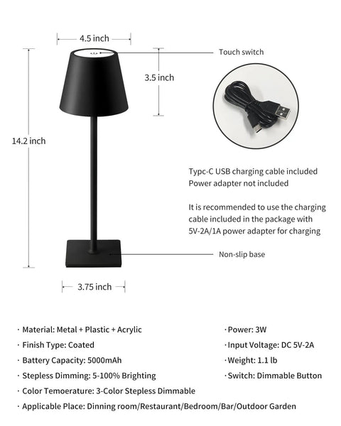 Dimensions and details of 2 Pack Cordless LED Desk Lamp Portable Table Light With 5000mAh Battery Three Color Stepless Dimming Rechargeable Night Light For Home Restaurant Bedroom Outdoor Camping Coffee Shop