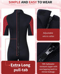 Back view of 3mm Shorty Wetsuit Back Zip Full Body Dive Skin For Diving Surfing Snorkeling Spearfishing Canoeing And Water Sports Men Women Red XL with easy pull tab showing velcro collar and adjustable zipper