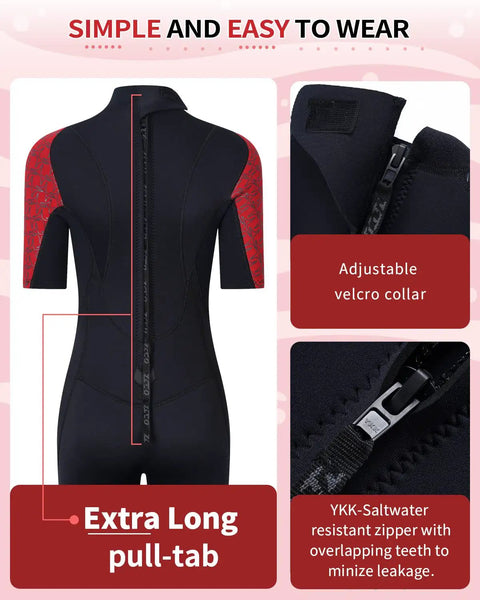 Back view of 3mm Shorty Wetsuit Back Zip Full Body Dive Skin For Diving Surfing Snorkeling Spearfishing Canoeing And Water Sports Men Women Red XL with easy pull tab showing velcro collar and adjustable zipper