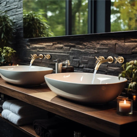 Wall Mounted Bathroom Sink Faucet With Dual Cross Handles, 3 Hole Widespread Vanity Mixer Tap In Matte Black, Go-To Rough-In Valve Included, Solid Brass Construction, Effortless DIY Install, Sleek Contemporary Style