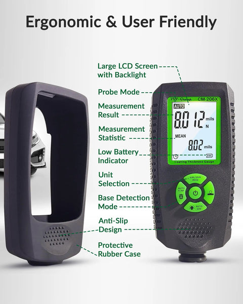 Auto Paint Thickness Gauge For Car Panels CM-206X Coating Meter With 0 To 59.1 Mils Range And 0.001 Mil Resolution Fe NFe Zn Auto Detection Ruby Probe Great For Door Hood Roof And Quarter Panel Inspections, front view