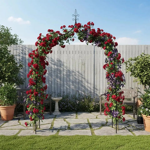 Thickened Metal Garden Arch With 16mm Pipe Diameter Beefy Heavy Duty Gothic Double Spire Arbor covered in roses and vines