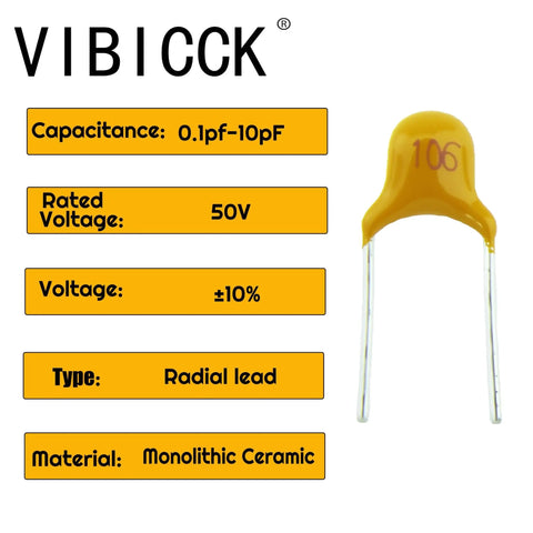 Monolithic Ceramic Capacitor Assortment Kit, yellow capacitor with radial lead, label 106, 0.1pF-10pF, 50V, ±10% tolerance
