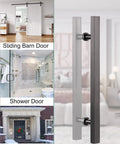 Beefy Matte Black Sliding Barn Door Pull Handle Kit with Install Tools for Wood and Glass Doors, shown mounted on doors.