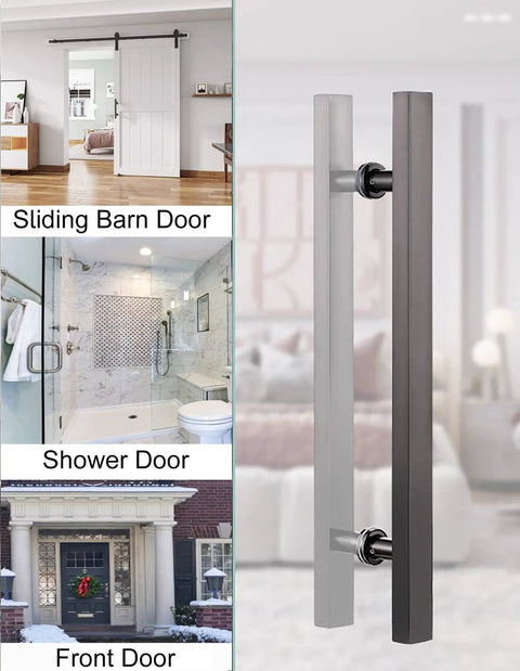 Beefy Matte Black Sliding Barn Door Pull Handle Kit with Install Tools for Wood and Glass Doors, shown mounted on doors.