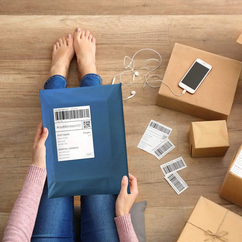 Person holding Navy Blue Poly Mailers 12x15.5 Inch 100 Pack Self Sealing Shipping Bags on wooden floor with parcels and smartphone.