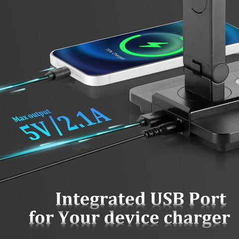 LED Desk Lamp With Wireless Charger And USB Port showing charging phone and USB output, black office light for home office and study.