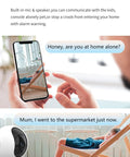 Clear Shot 4K Indoor Security Camera And Pet Watcher With 360 Pan Tilt Two Way Audio shows user on phone monitoring child.
