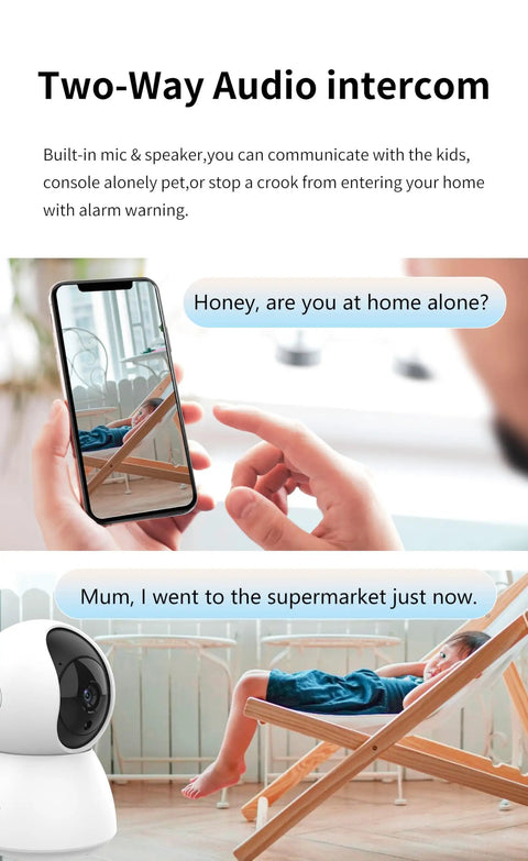 Clear Shot 4K Indoor Security Camera And Pet Watcher With 360 Pan Tilt Two Way Audio shows user on phone monitoring child.