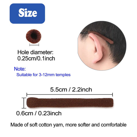 Comfy Soft Cotton Eyeglasses Ear Cushions Set Anti Slip Elastic Temple Tips Sleeve Retainer Grips For Glasses And Sunglasses Skin Friendly 2 Pairs Black, side view showing size and fit on ear.