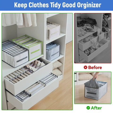 Six Piece Extra Large Closet Organizer And Storage Set For Shirts Jeans Sweaters T Shirts Leggings Undergarments Skirts And More displayed in drawers