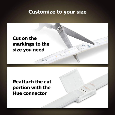 Instruction to cut Bluetooth 9ft Lightstrip Starter Kit with Hub for Hue Lighting, showing scissors and connector.