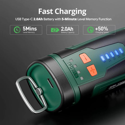 Close-up of Beast Cordless Rotary Tool Kit's 8V 2.0Ah battery with Type-C charging and power indicators visible.