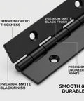 Heavy Duty No Nonsense 4 Inch Continuous Piano Hinges 8 Piece Set Black Steel showing reinforced thickness and matte finish.