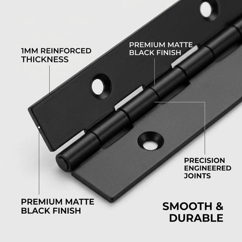 Heavy Duty No Nonsense 4 Inch Continuous Piano Hinges 8 Piece Set Black Steel showing reinforced thickness and matte finish.