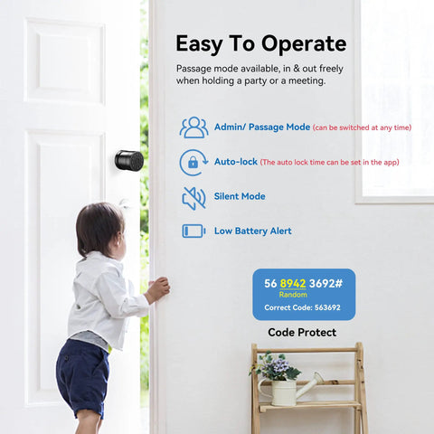 Child opening door with 5 In 1 Smart Door Lock With Fingerprint Keypad IC Card Code And Physical Key Bluetooth App Unlock TTLock Digital Biometric Lock For Front Door With Remote Access And Easy Home Security features displayed
