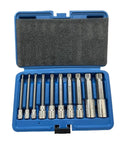 Premium 10-piece Heavy Duty Impact Socket Wrench Head Set With Spline And Torx Bits For 1/4 And 1/2 Inch Drive. Super Tough, Rust-Resistant Kit That Helps You Crush Stripped Bolts And Tighten Like A Pro Without Burning Out Your Tools Or Hands Today. blue case with 10-piece spline and Torx impact bits for 1/4 and 1/2 inch drive