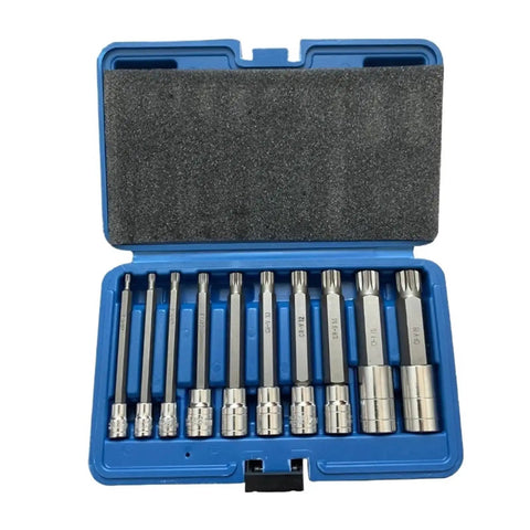 Premium 10-piece Heavy Duty Impact Socket Wrench Head Set With Spline And Torx Bits For 1/4 And 1/2 Inch Drive. Super Tough, Rust-Resistant Kit That Helps You Crush Stripped Bolts And Tighten Like A Pro Without Burning Out Your Tools Or Hands Today. blue case with 10-piece spline and Torx impact bits for 1/4 and 1/2 inch drive
