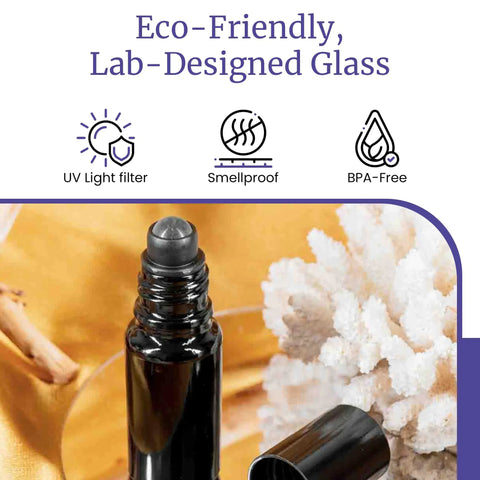 Black Ultraviolet Glass Roller Bottle 15 Ml Essential Oil Bottle With Glass Ball Roll On Tip and open screw cap on gold fabric