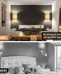 Comparison of wireless wall sconces with fabric shade in a modern bedroom and wired sconces in a grayscale bedroom.